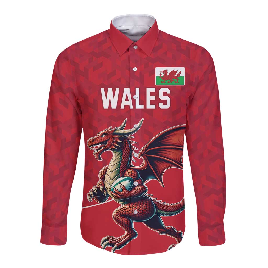 Red long-sleeve button rugby shirt with Wales front print and dragon mascot