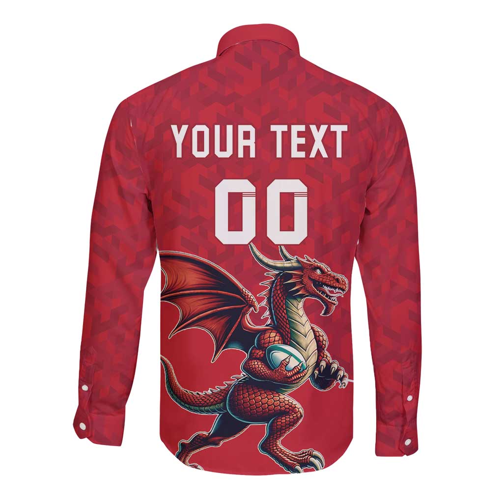 Red long-sleeve button rugby shirt with back graphic, Your Text and 00