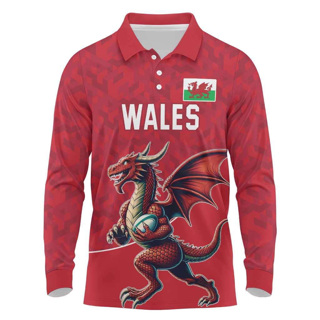 Custom Wales Rugby Long Sleeve Polo Shirt Welsh Dragon Mascot Red Version - Wonder Print Shop