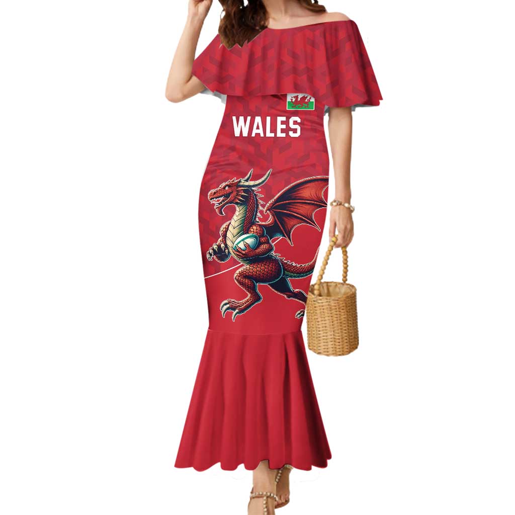 Custom Wales Rugby Mermaid Dress Welsh Dragon Mascot Red Version - Wonder Print Shop