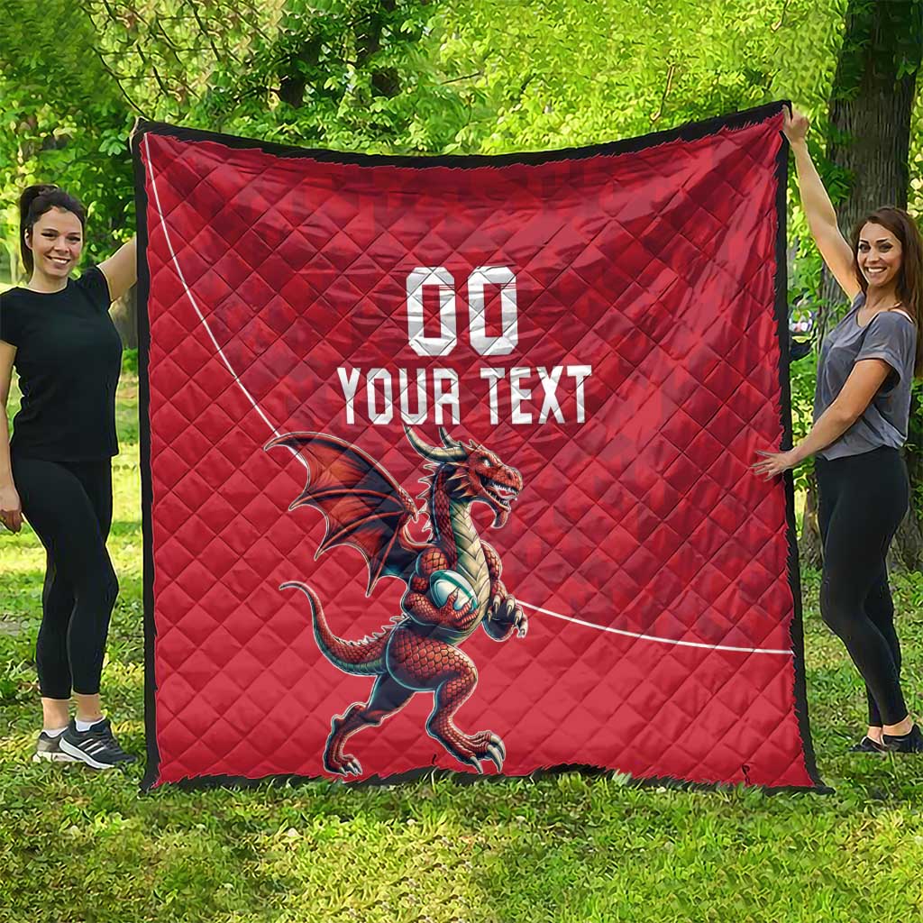Red quilt blanket with Welsh dragon mascot and 'YOUR TEXT' text, diamond pattern.