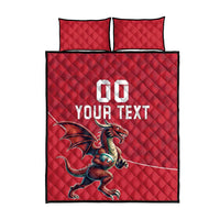 Red quilt bed set featuring 'YOUR TEXT' and dragon mascot on the comforter; pillowcases included