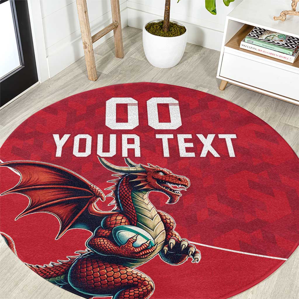Red round rug with dragon graphic and custom text in white