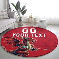 Red round rug with dragon graphic and white YOUR TEXT