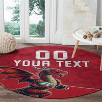 Red round rug with dragon illustration and white YOUR TEXT banner