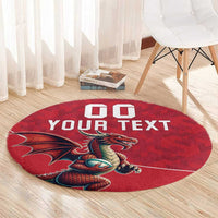 Red round rug with dragon graphic and white YOUR TEXT center