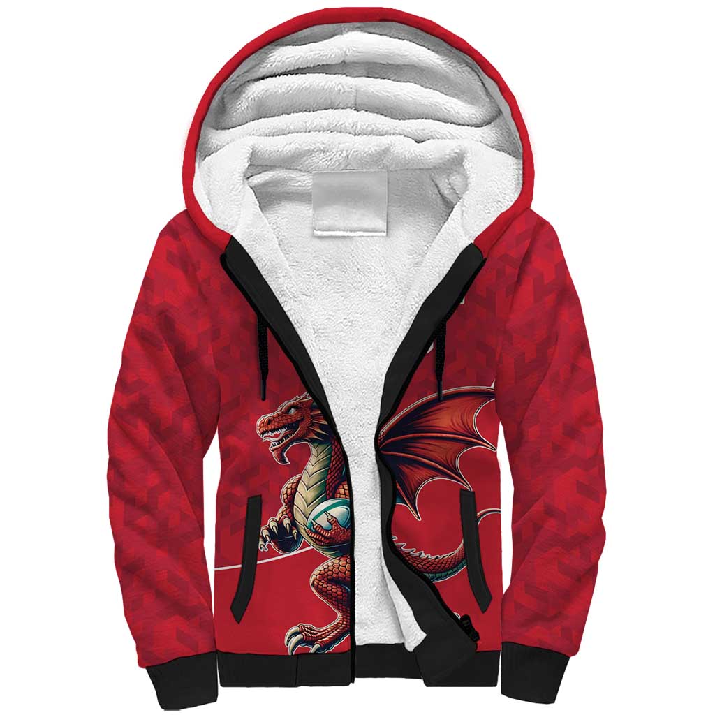 Custom Wales Rugby Sherpa Hoodie Welsh Dragon Mascot Red Version