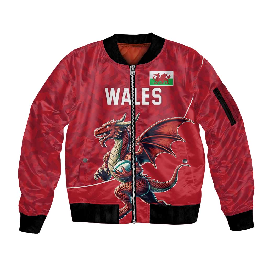 Custom Wales Rugby Sleeve Zip Bomber Jacket Welsh Dragon Mascot Red Version