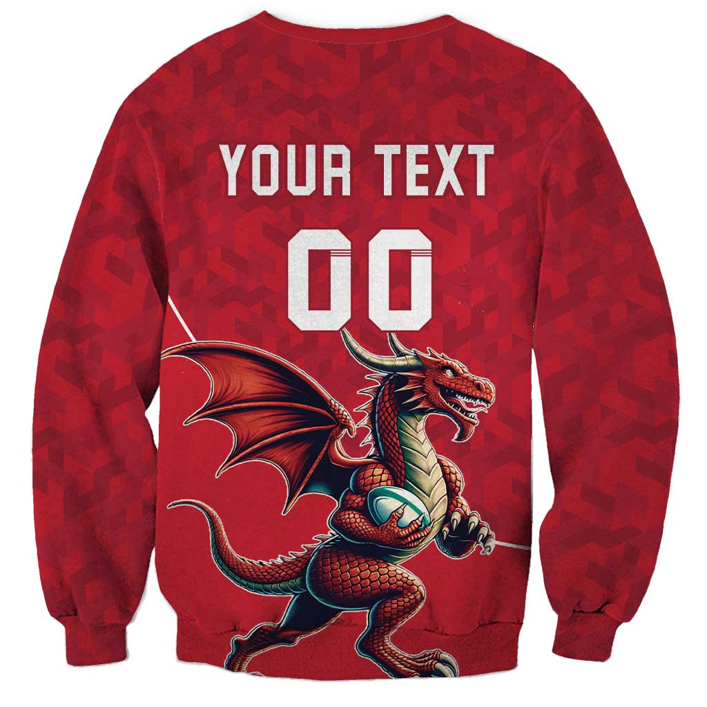 Red rugby sweatshirt with YOUR TEXT, dragon graphic, and number 00 on back