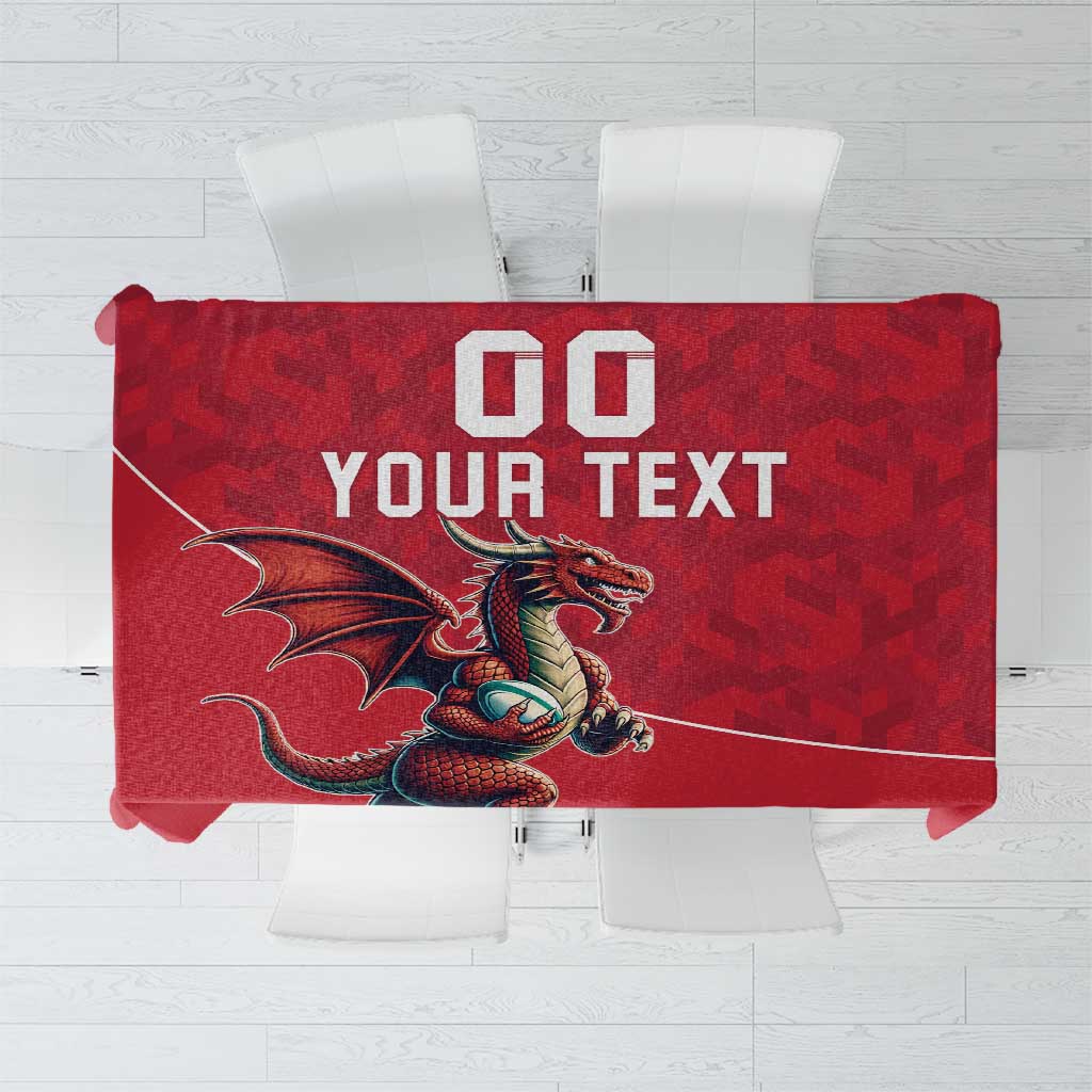 Red rugby tablecloth with Welsh dragon and customizable text panel
