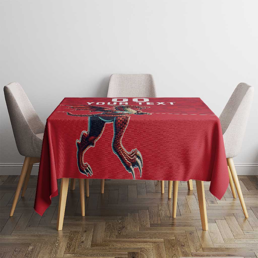 Red rugby tablecloth with Welsh dragon mascot and 'YOUR TEXT' area, table view