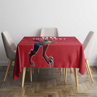 Red rugby tablecloth with Welsh dragon mascot and 'YOUR TEXT' area, table view