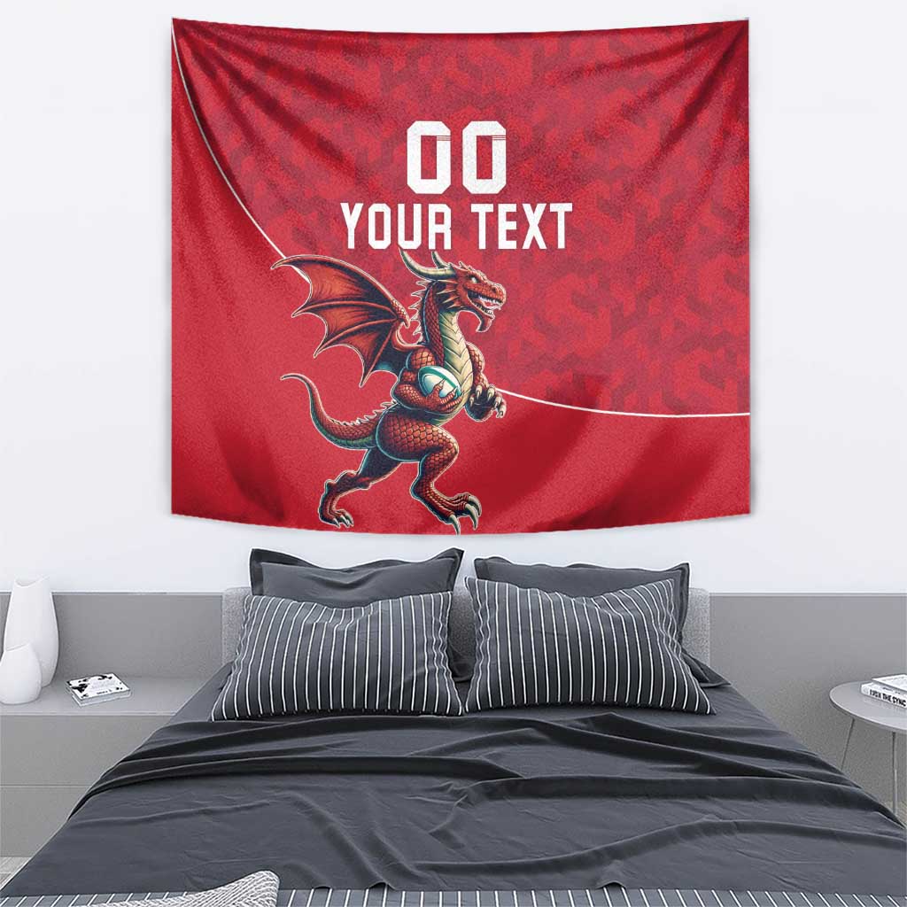 Red Wales rugby tapestry featuring a Welsh dragon mascot with '00 YOUR TEXT' at top