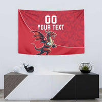 Red custom Wales rugby tapestry with Welsh dragon mascot and '00 YOUR TEXT' banner text