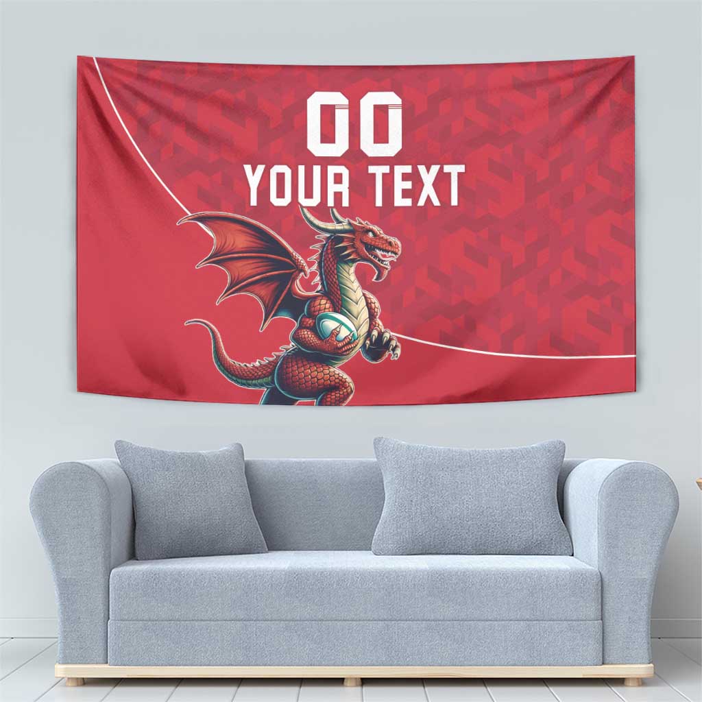 Red Wales rugby tapestry showing Welsh dragon mascot and '00 YOUR TEXT' in white letters