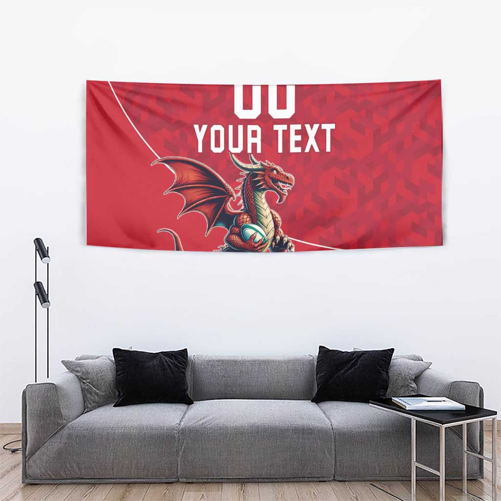 Red Wales rugby tapestry with Welsh dragon mascot and '00 YOUR TEXT' above the design