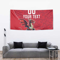 Red Wales rugby tapestry with Welsh dragon mascot and '00 YOUR TEXT' above the design