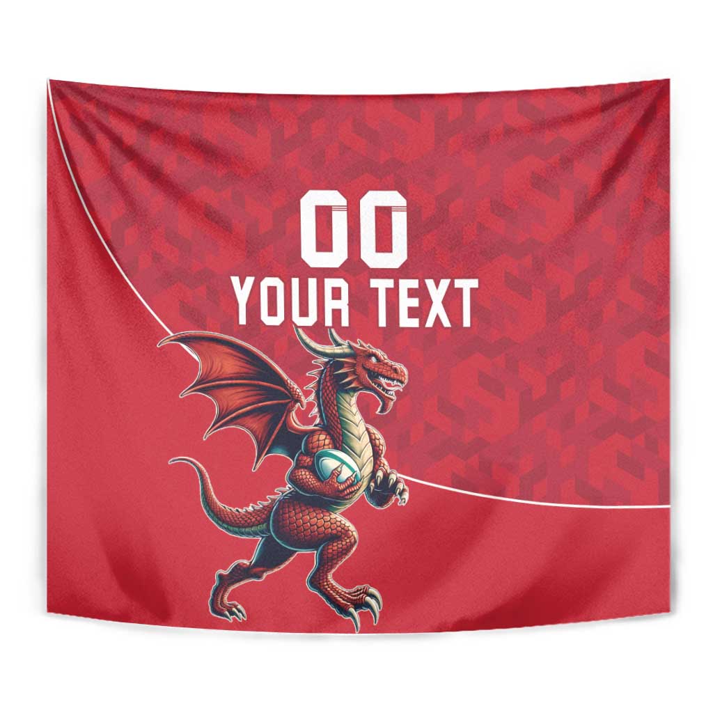 Red Wales rugby tapestry close-up with Welsh dragon mascot and '00 YOUR TEXT' lettering