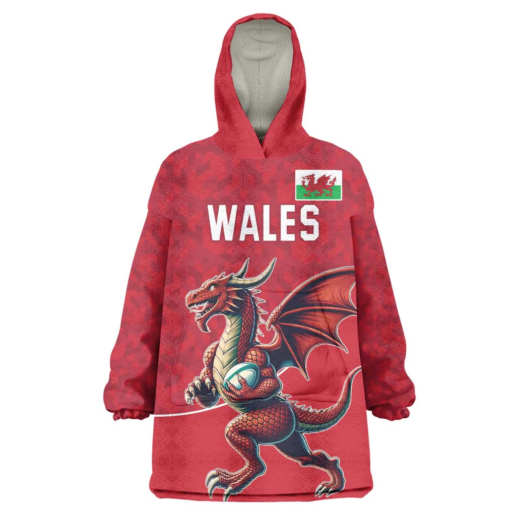 Custom Wales Rugby Wearable Blanket Hoodie Welsh Dragon Mascot Red Version