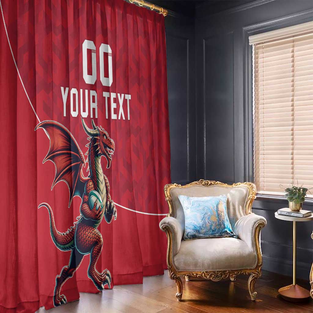 Red two-panel window curtain with Wales dragon mascot and custom text, hanging over window