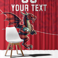 Red window curtain close-up with Wales dragon mascot and large custom text