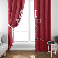 Red two-panel window curtain with Wales dragon mascot and custom text beside window
