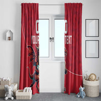 Red window curtains with Wales dragon mascot and custom text, standing on either side