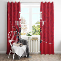 Red window curtains with Wales dragon mascot and custom text, hanging with rings