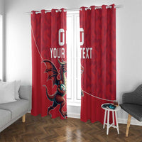 Red window curtain panels with Wales dragon mascot and custom text over window frame