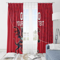 Red window curtain panels with Wales dragon mascot and custom text, on rod with loops