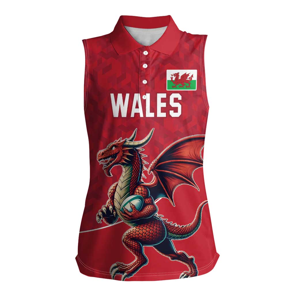 Custom Wales Rugby Women Sleeveless Polo Shirt Welsh Dragon Mascot Red Version