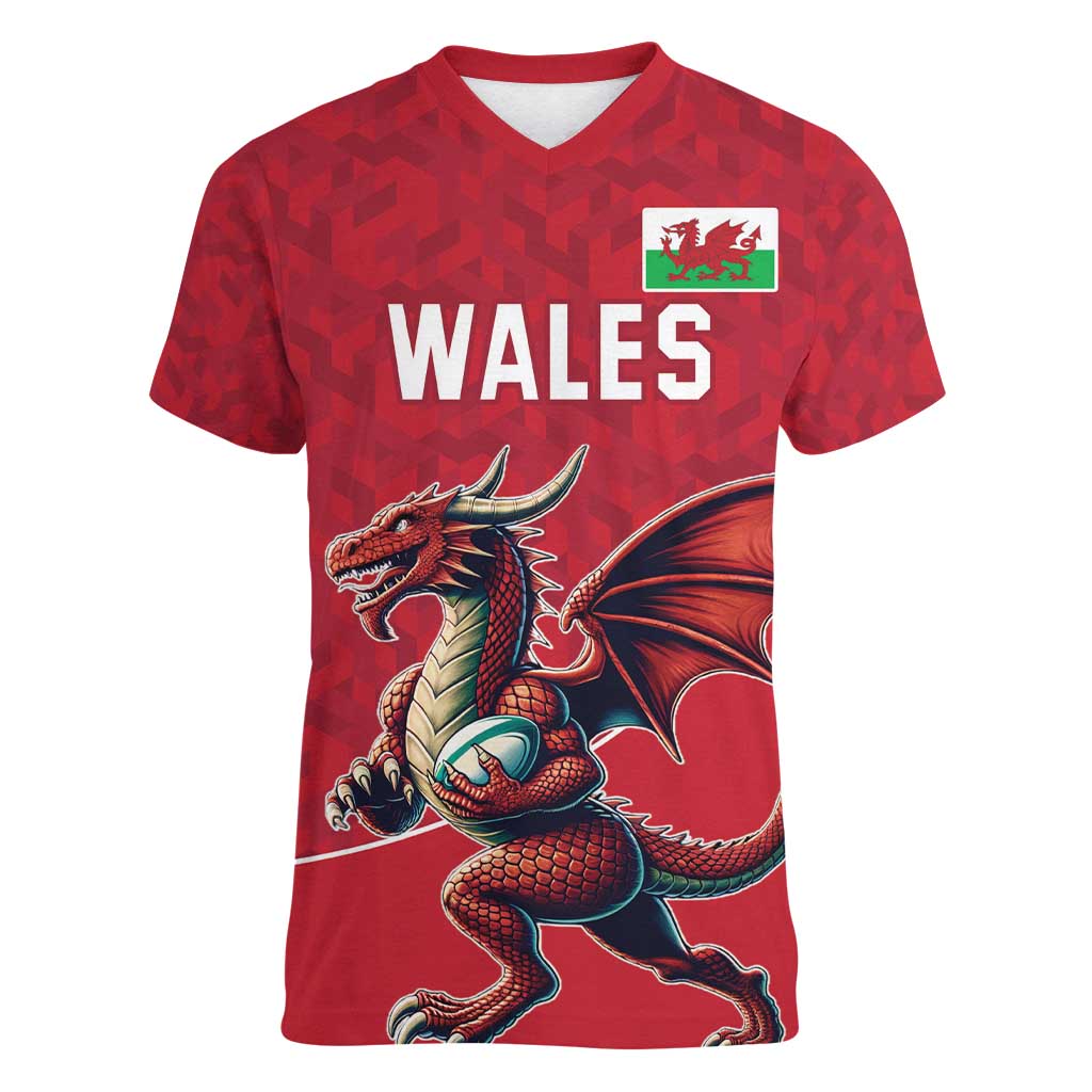 Custom Wales Rugby Women V-Neck T-Shirt Welsh Dragon Mascot Red Version