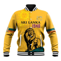 Yellow baseball jacket with black lion and sun face emblem, SRILANKA 1948 print