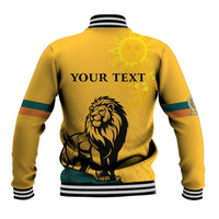 Yellow baseball jacket back with lion graphic, sun face, and 'YOUR TEXT' lettering