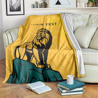 Yellow lion graphic personalized blanket with 'YOUR TEXT' and sun face