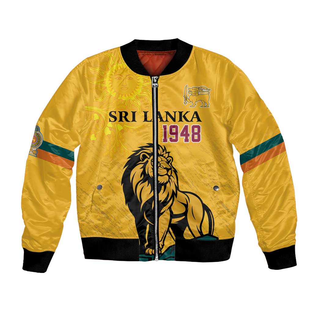 Yellow bomber jacket with lion graphic, 1948 patch, front zipper, ribbed trim