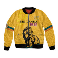 Yellow bomber jacket with lion graphic, 1948 patch, front zipper, ribbed trim