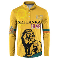 Yellow button sweatshirt with Sri Lanka 1948 lion and traditional sun face graphic