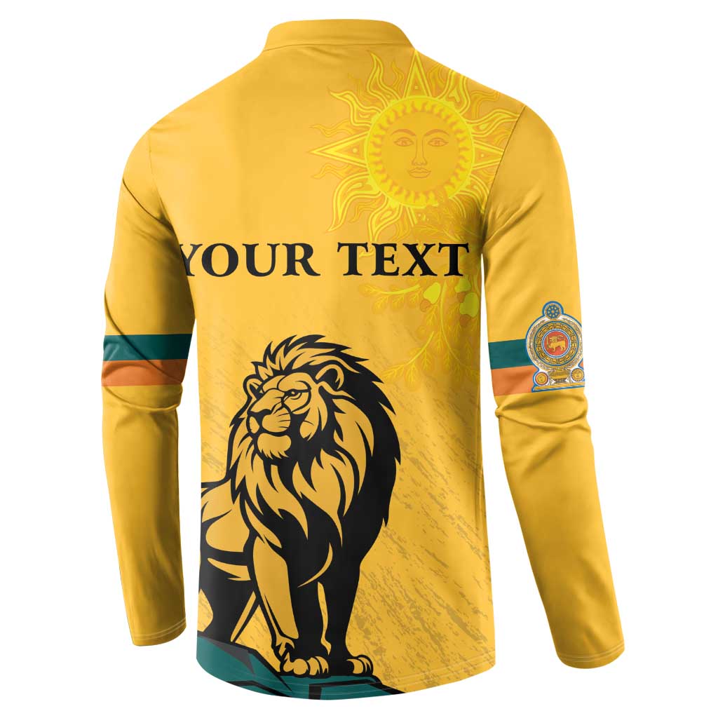Yellow button sweatshirt back shows YOUR TEXT with lion and sun face emblem