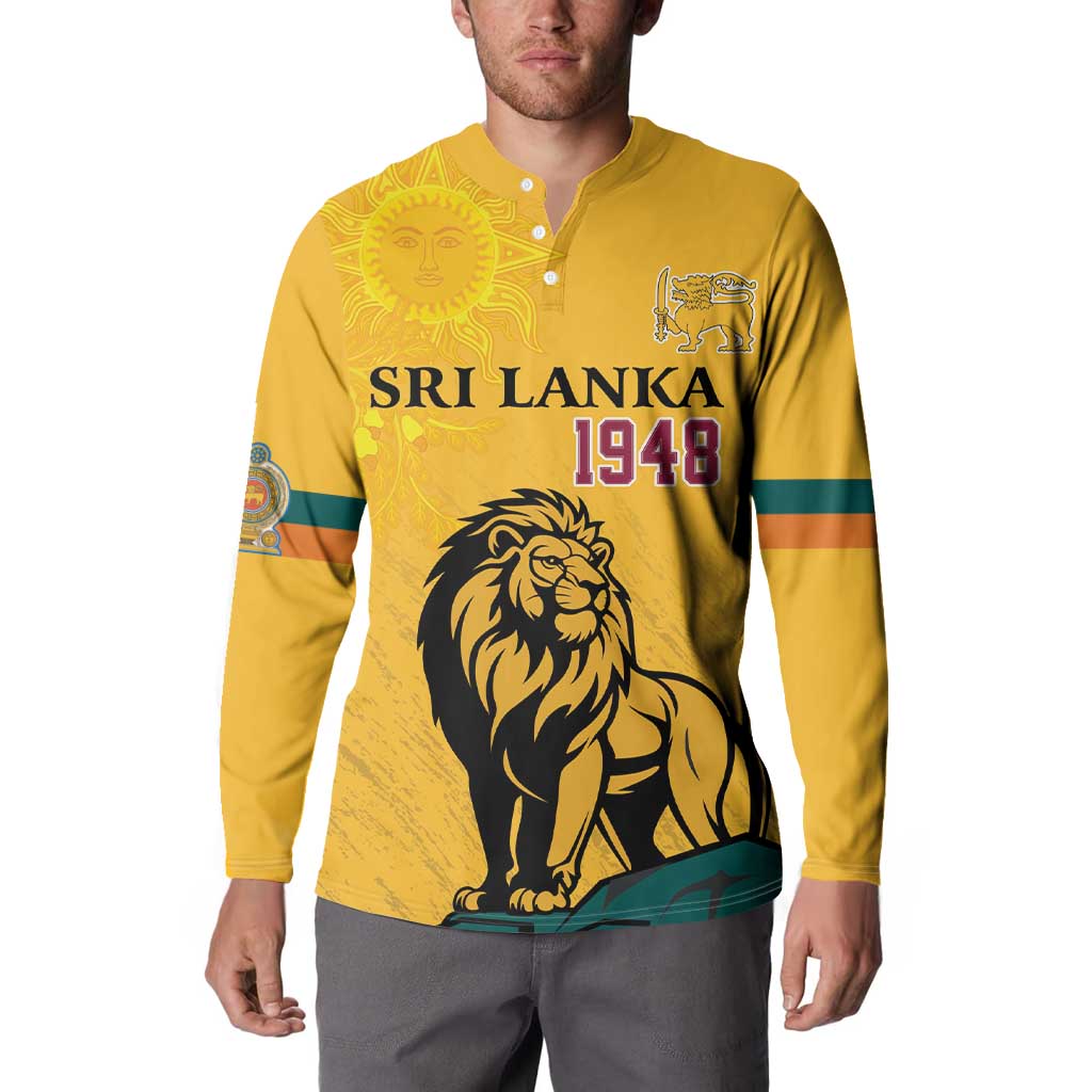 Yellow button sweatshirt with Sri Lanka 1948 lion graphic, long sleeves and placket