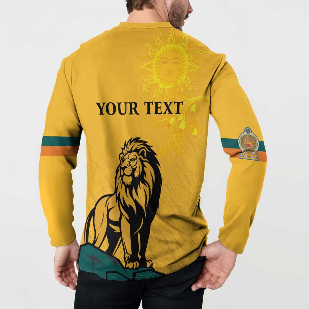 Yellow button sweatshirt back shows YOUR TEXT with large lion graphic and sun emblem