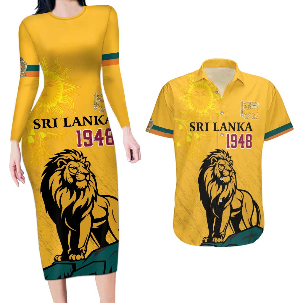 Personalized Sri Lanka Independence Day 1948 Couples Matching Long Sleeve Bodycon Dress and Hawaiian Shirt Lion With Traditional Sun Face