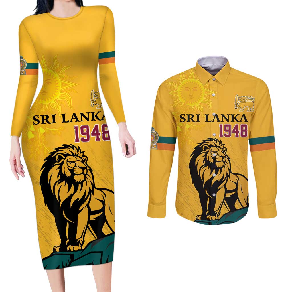 Personalized Sri Lanka Independence Day 1948 Couples Matching Long Sleeve Bodycon Dress and Long Sleeve Button Shirt Lion With Traditional Sun Face