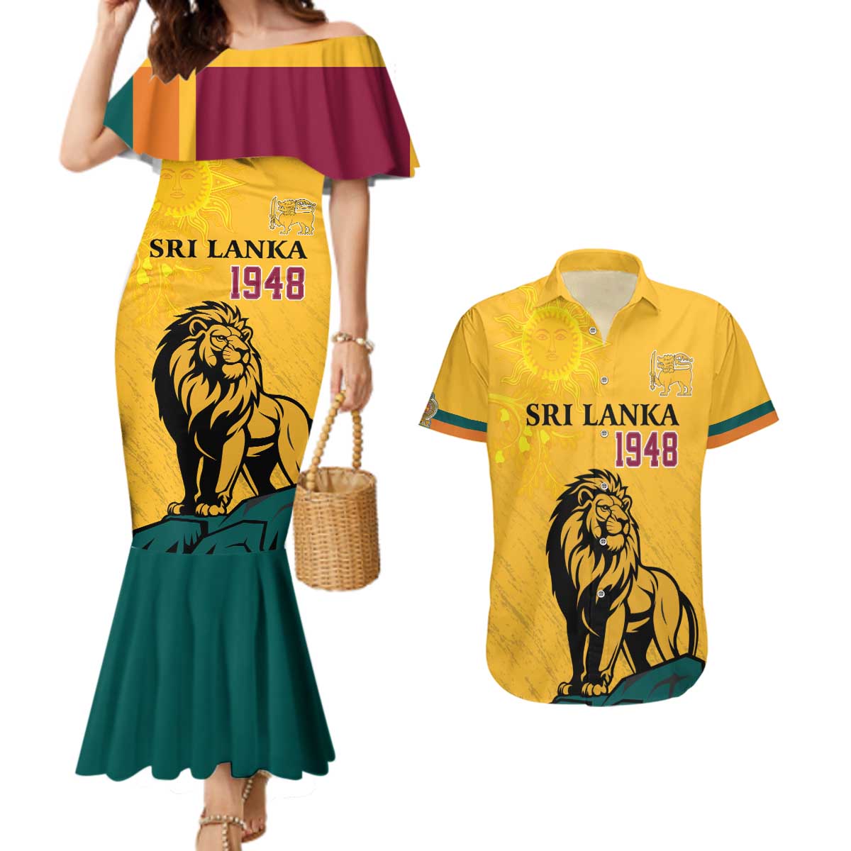 Personalized Sri Lanka Independence Day 1948 Couples Matching Mermaid Dress and Hawaiian Shirt Lion With Traditional Sun Face