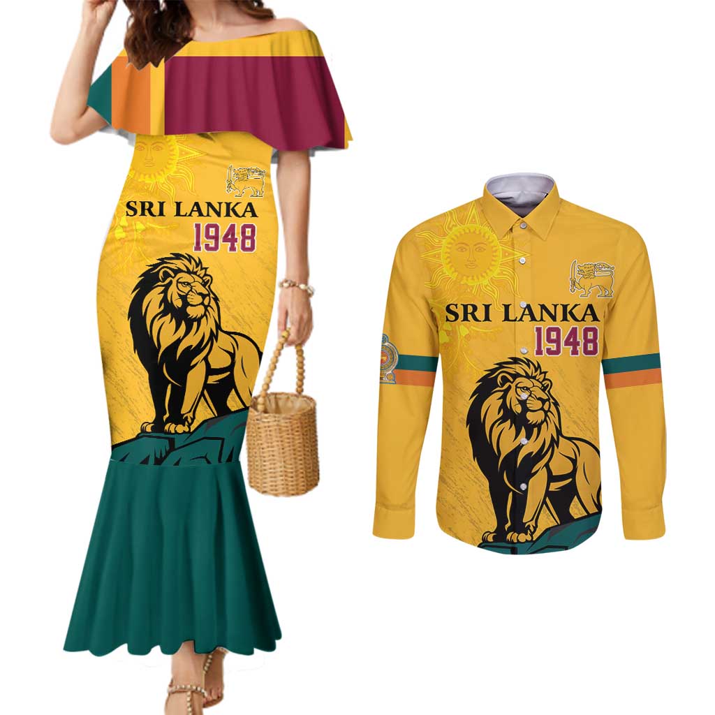 Personalized Sri Lanka Independence Day 1948 Couples Matching Mermaid Dress and Long Sleeve Button Shirt Lion With Traditional Sun Face