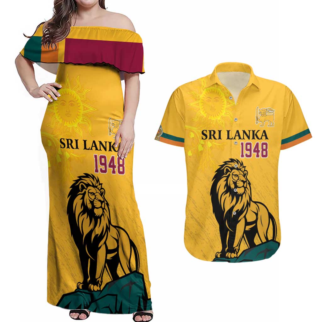 Personalized Sri Lanka Independence Day 1948 Couples Matching Off Shoulder Maxi Dress and Hawaiian Shirt Lion With Traditional Sun Face