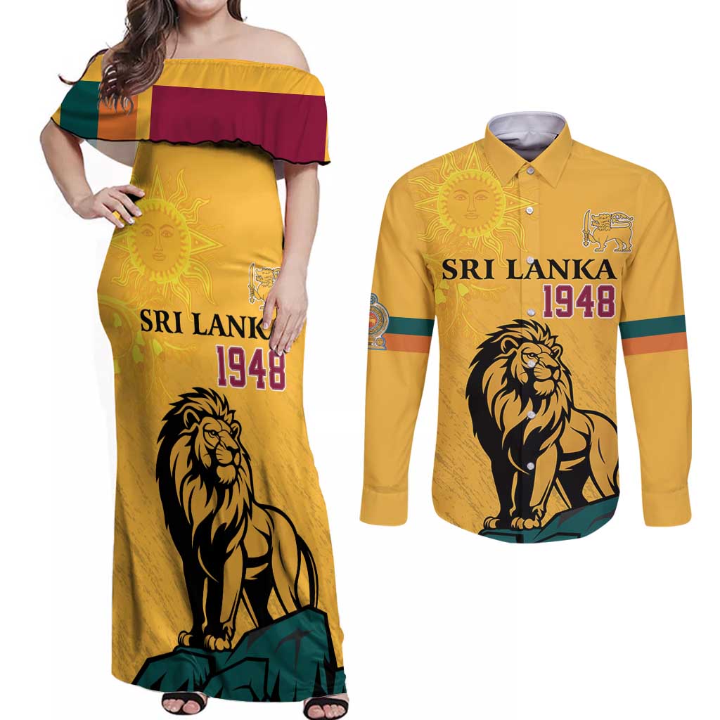 Personalized Sri Lanka Independence Day 1948 Couples Matching Off Shoulder Maxi Dress and Long Sleeve Button Shirt Lion With Traditional Sun Face