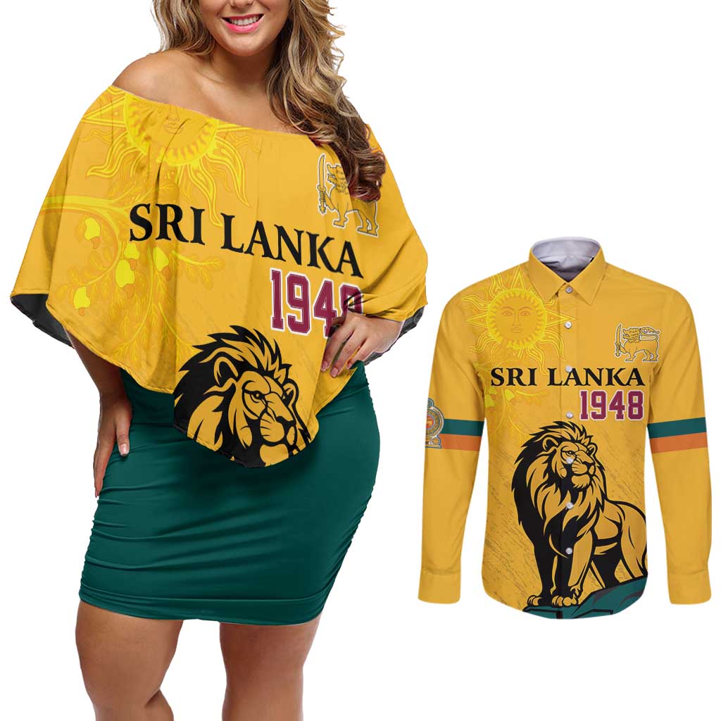 Personalized Sri Lanka Independence Day 1948 Couples Matching Off Shoulder Short Dress and Long Sleeve Button Shirt Lion With Traditional Sun Face