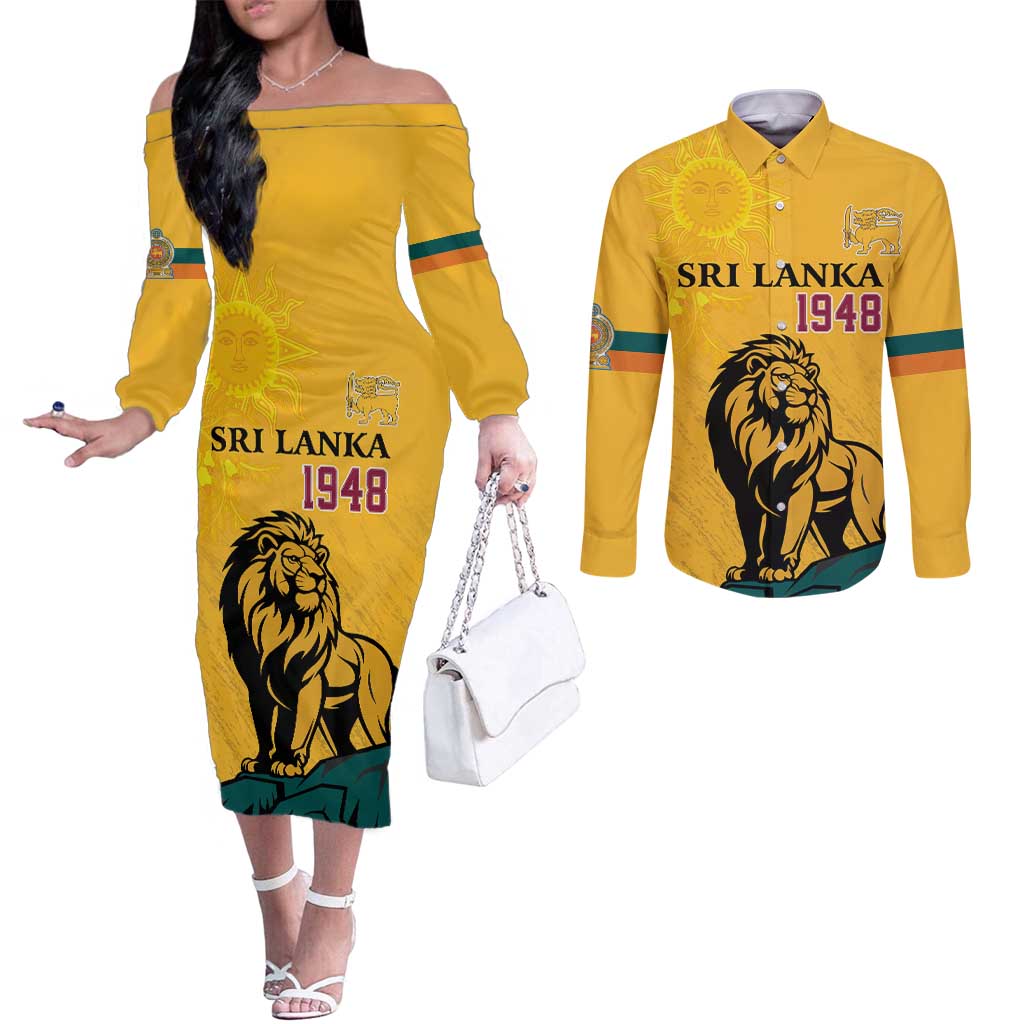 Personalized Sri Lanka Independence Day 1948 Couples Matching Off The Shoulder Long Sleeve Dress and Long Sleeve Button Shirt Lion With Traditional Sun Face