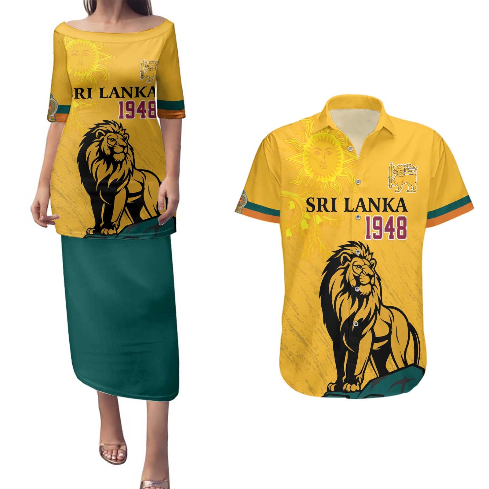 Personalized Sri Lanka Independence Day 1948 Couples Matching Puletasi and Hawaiian Shirt Lion With Traditional Sun Face